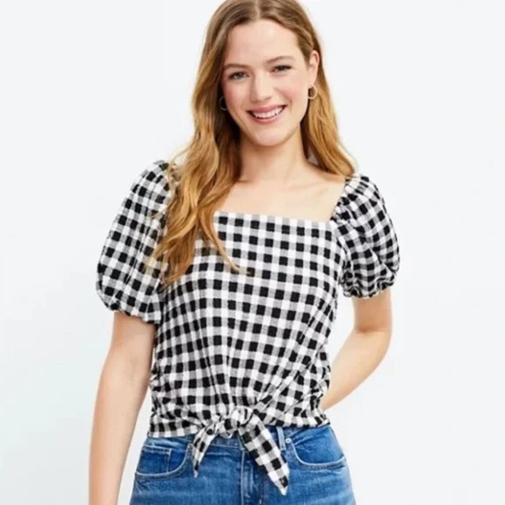 XL Loft Gingham Square Neck Tie Front Top